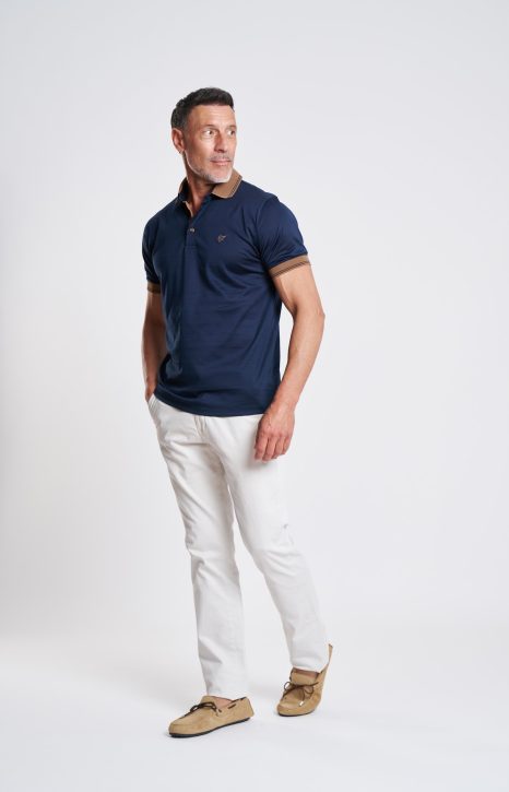 Mercerised Navy Polo with Brown Contrast Details
