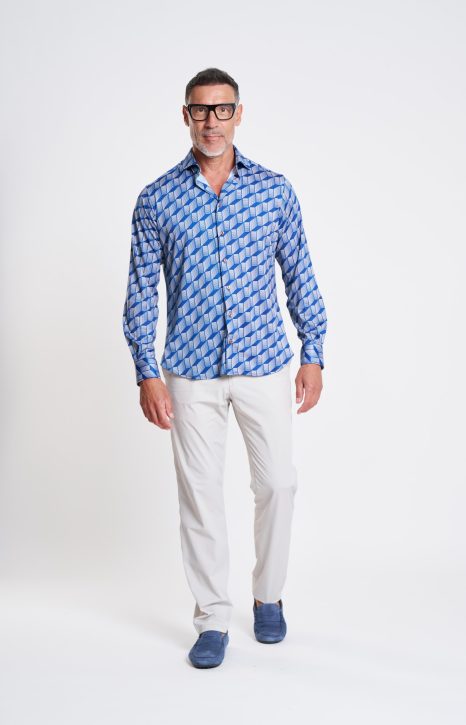 Blue Geometric Stretch Microfibre Shirt
