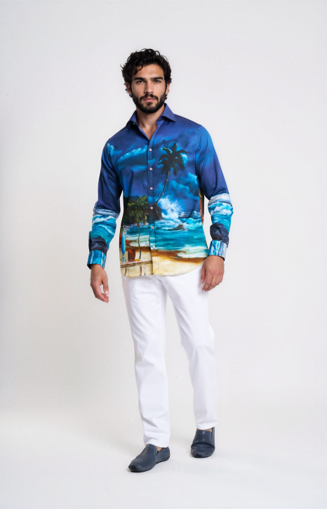 Island Print Stretch Cotton Satin Shirt