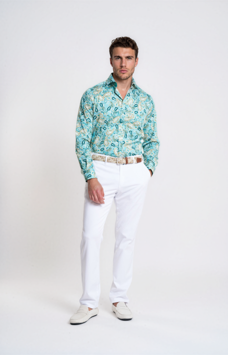 Turquoise Paisley Stretch Cotton Satin Shirt