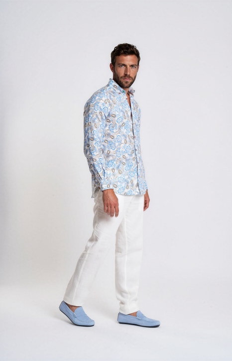 Blue Beige Paisley Linen Shirt