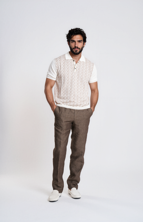 Cotton Silk Polo with Geometric Rhombus Pattern