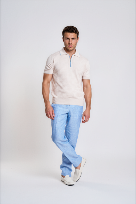 Cotto Silk Beige Jacquard Zip Polo