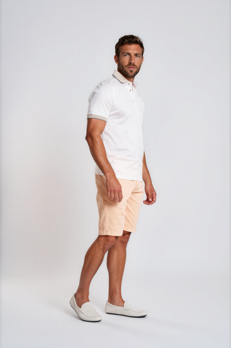 White Mercerized Cotton Polo Beige Collar